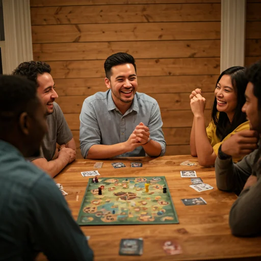 Een diverse groep mensen die lacht en praat over een gedeeld bordspel in een gezellige houten kamer