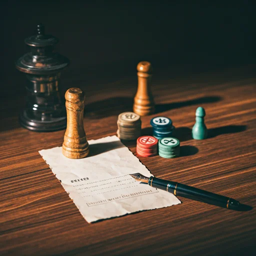 Een vintage houten tafel met een vulpen, een perkamenten ontvangstbewijs en klassieke spelonderdelen in zacht zonlicht