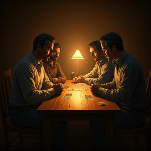Sfeervol Mafia-groepsspel in een schemerdonkere kamer met dramatische schaduwen en één warm lichtpunt op tafel