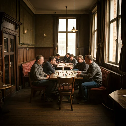Sfeervol foto van een Nederlands clubhuis met antiek houten meubilair, warm gedempte verlichting en mensen in gesprek over bordspellen