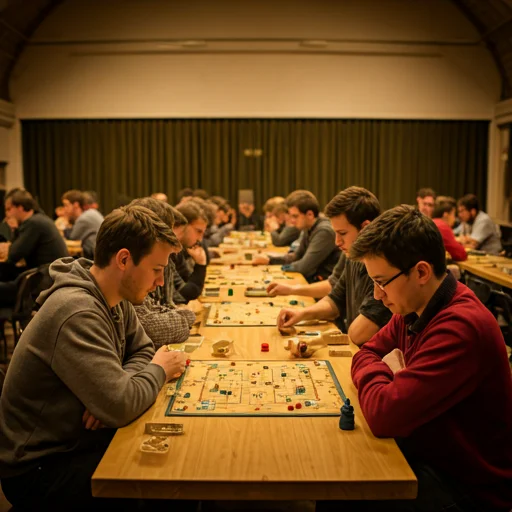 Sfeervolle opname van een warme Nederlandse gemeenschapshal met mensen die geconcentreerd bordspellen spelen in zacht omgevingslicht