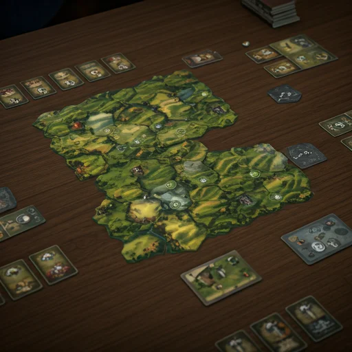 Prachtig geïllustreerde Carcassonne-landschapstegels verspreid over een tafel tijdens een speelsessie