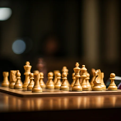 Close-up van een houten schaakspel op een toernoooitafel met geconcentreerde spelers op de achtergrond