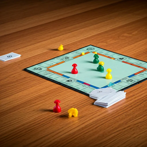 Kleurrijke Monopoly-speelstukken en bankbiljetten op een gepolijst houten oppervlak