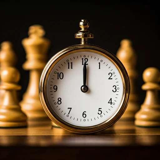 Extreme close-up van een analoge schaakklok met professionele houten schaakstukken op zachte achtergrond