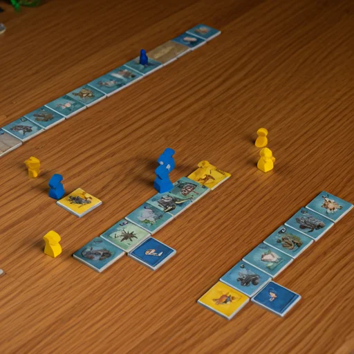 Bovenaanzicht van een Carcassonne-tegelindeling op een houten tafel met blauwe en gele houten meeplelefiguren