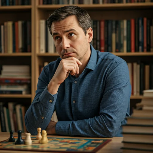 Man van begin veertig met peinzende blik, met een houten spelsteen in de hand, boekenkasten en bordspellen op de achtergrond