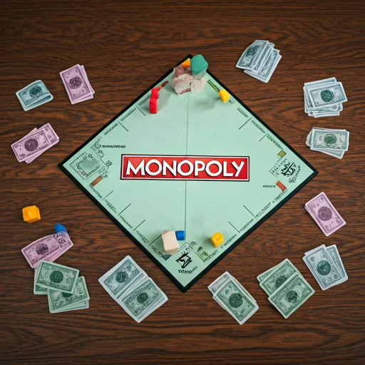 Bovenaanzicht van een Monopoly-spel in volle gang met huisjes, hotels en kleurrijk geld verspreid over het speelbord