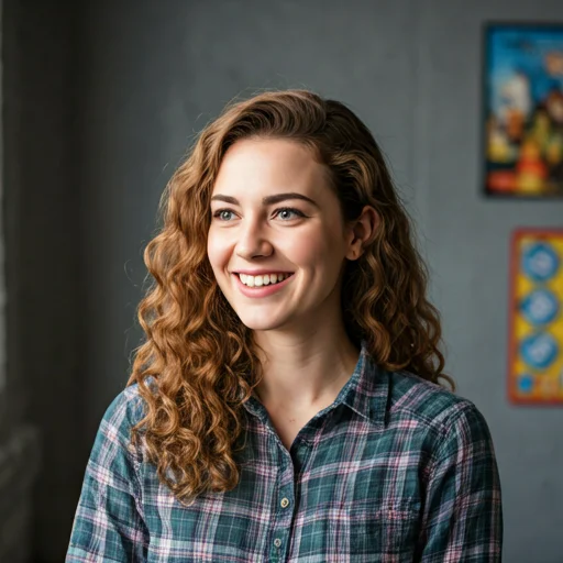 Portret van een jonge vrouw met creatieve stijl, glimlachend in een lichte studio met bordspelkunstwerken aan de muur