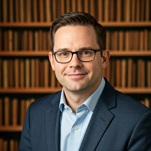 Professioneel portret van een man eind dertig met bril en vriendelijke glimlach, bibliotheekachtergrond, zacht licht