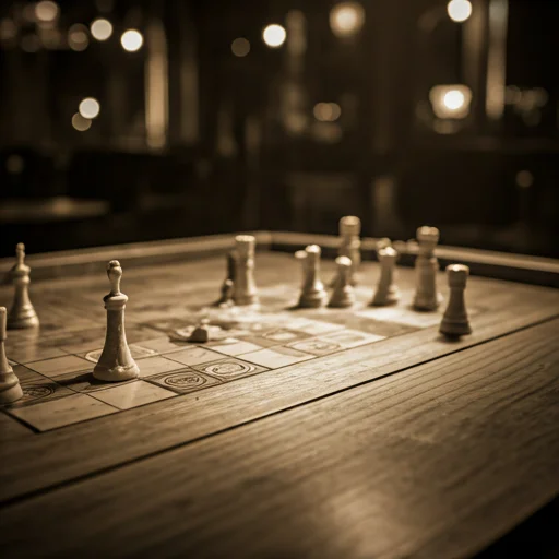 Sepia-tint foto van een oude houten speltafel met klassieke bordspelstukken, zachte sfeerverlichting en een vintage clubsfeer