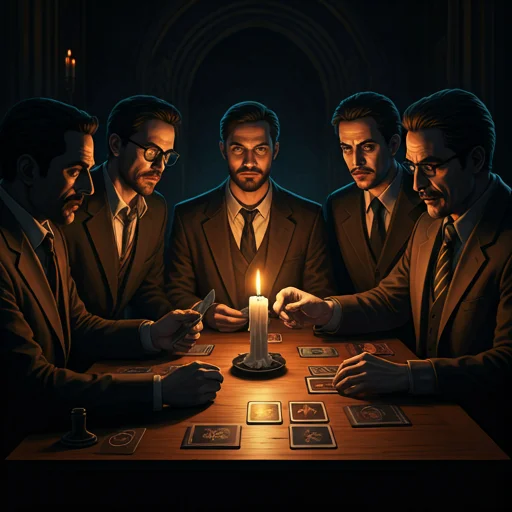 Donkere figuren bij een kaarslichtje rond een tafel met een sociaal deductie kaartspel