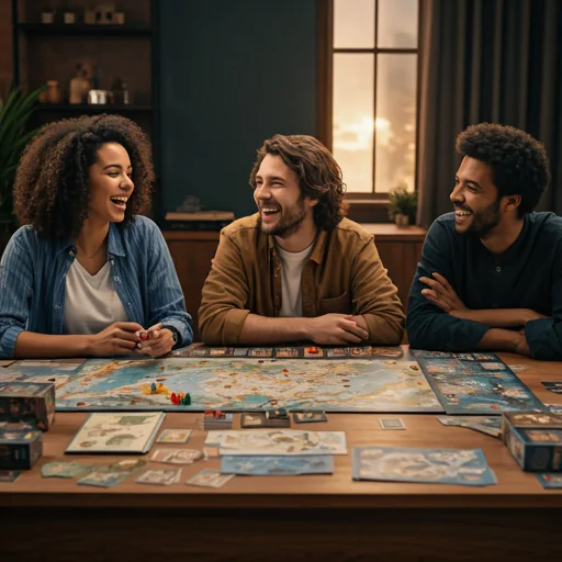 Drie vrienden die lachen aan een tafel vol moderne bordspellen en kaarten, warm avondlicht, editorial stijl